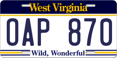 WV license plate OAP870