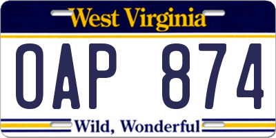 WV license plate OAP874