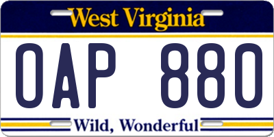 WV license plate OAP880