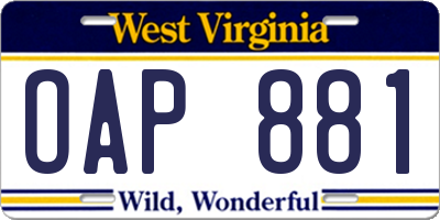 WV license plate OAP881
