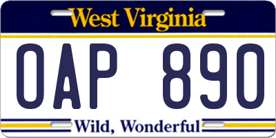 WV license plate OAP890