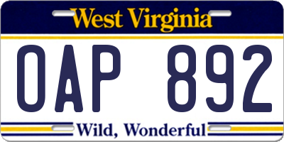 WV license plate OAP892
