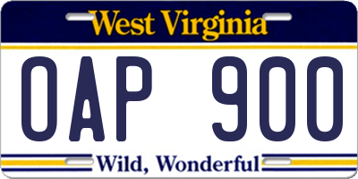 WV license plate OAP900