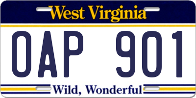 WV license plate OAP901