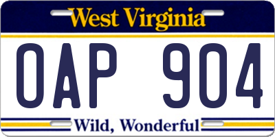 WV license plate OAP904