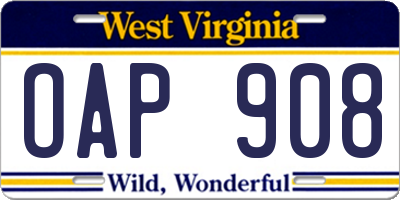 WV license plate OAP908
