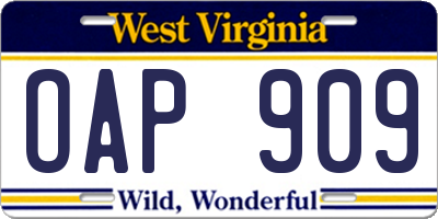 WV license plate OAP909