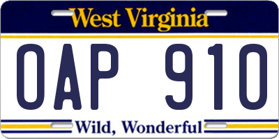 WV license plate OAP910