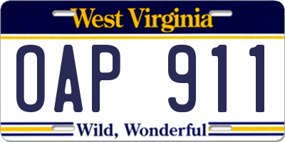 WV license plate OAP911