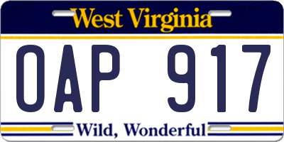 WV license plate OAP917