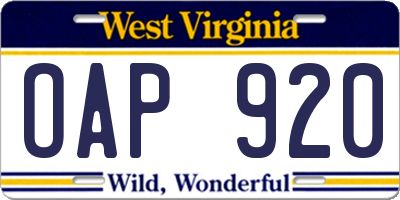 WV license plate OAP920