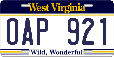 WV license plate OAP921