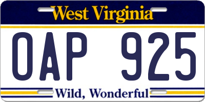 WV license plate OAP925
