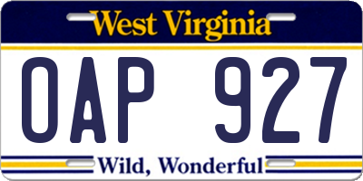 WV license plate OAP927