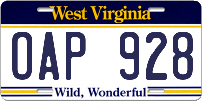 WV license plate OAP928