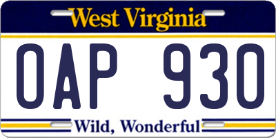 WV license plate OAP930