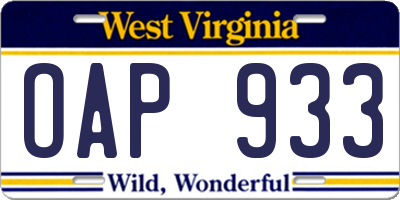 WV license plate OAP933