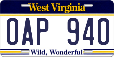 WV license plate OAP940