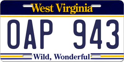 WV license plate OAP943