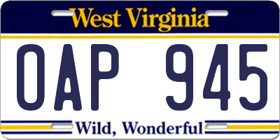 WV license plate OAP945