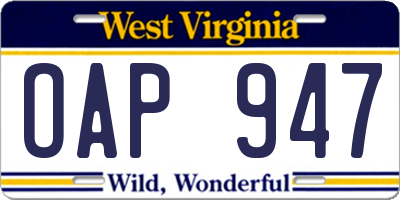 WV license plate OAP947
