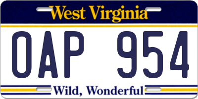 WV license plate OAP954