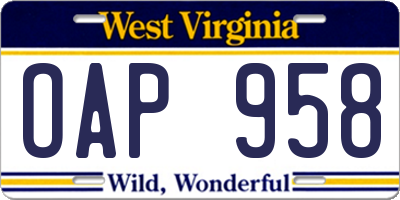 WV license plate OAP958
