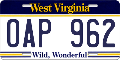WV license plate OAP962