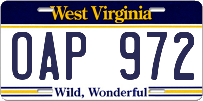 WV license plate OAP972