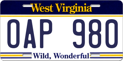 WV license plate OAP980