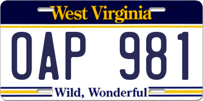 WV license plate OAP981