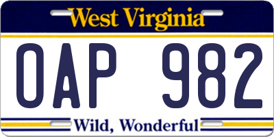 WV license plate OAP982
