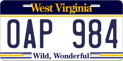 WV license plate OAP984