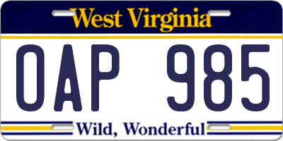 WV license plate OAP985