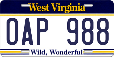 WV license plate OAP988