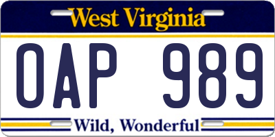 WV license plate OAP989