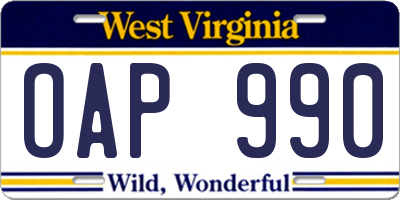 WV license plate OAP990