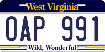 WV license plate OAP991