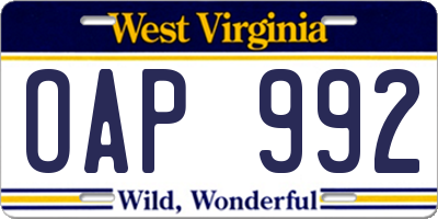 WV license plate OAP992