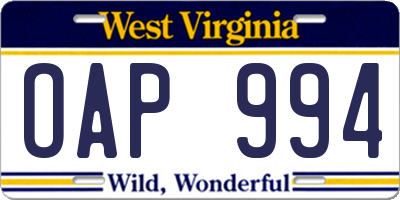 WV license plate OAP994