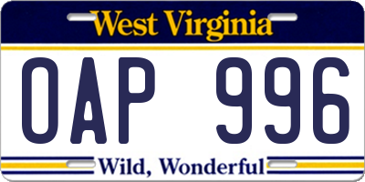 WV license plate OAP996