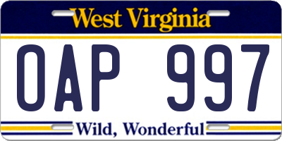WV license plate OAP997