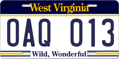 WV license plate OAQ013