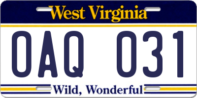 WV license plate OAQ031