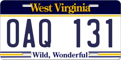 WV license plate OAQ131