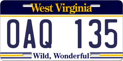WV license plate OAQ135