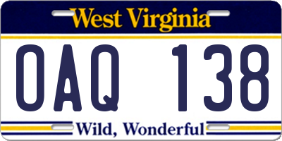 WV license plate OAQ138