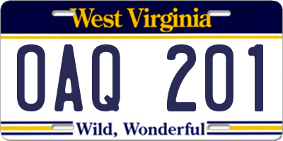 WV license plate OAQ201
