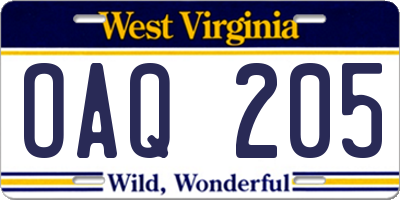 WV license plate OAQ205