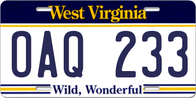 WV license plate OAQ233